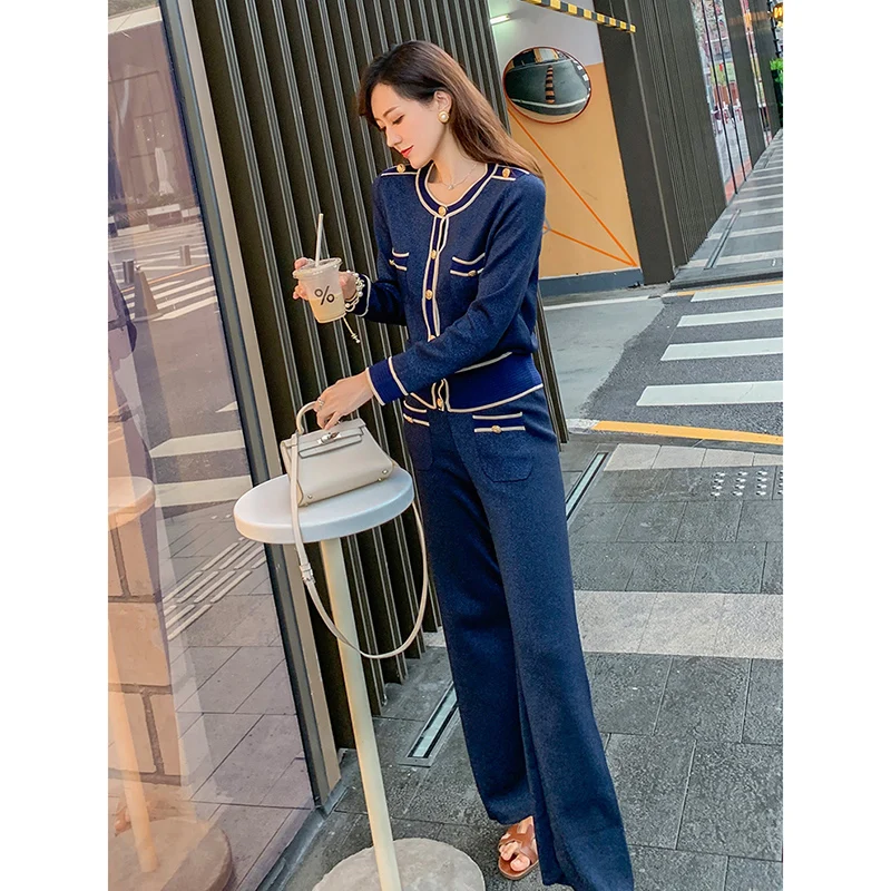 Luxury Elegant Sweater Trousers Suit Women Knitted Bright Silk Single Breasted Cardigan High Waist Wide Leg Pants Two Piece Sets