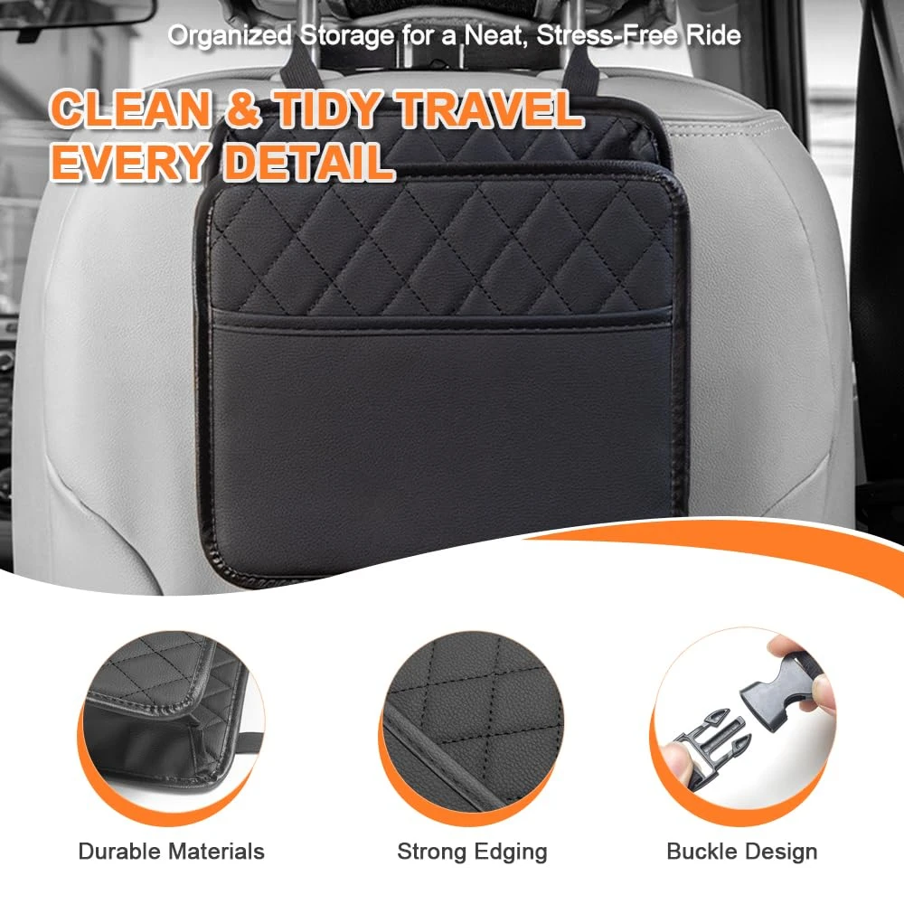 Car Seat Back Organizer, Large Capacity Foldable Car Seat Back Hanging Bag with 1 Extra Pockets, Waterproof Leather Auto Seats