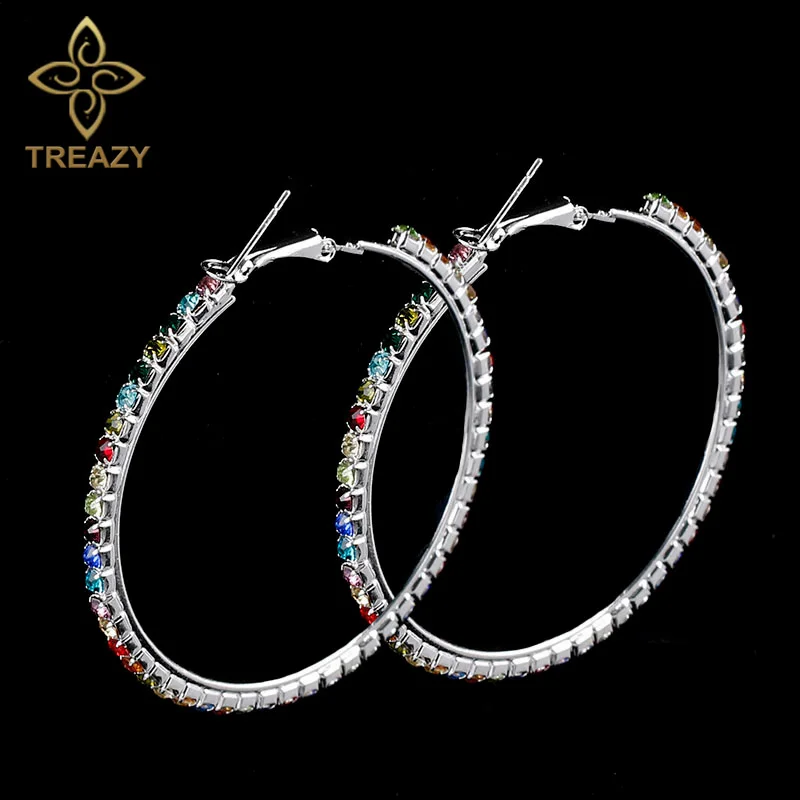 MYYA Fashion Wedding Jewelry Multicolor Rhinestone Big Circle Earrings Silver Plated Crystal Women Hoop Earrings Prom Gifts