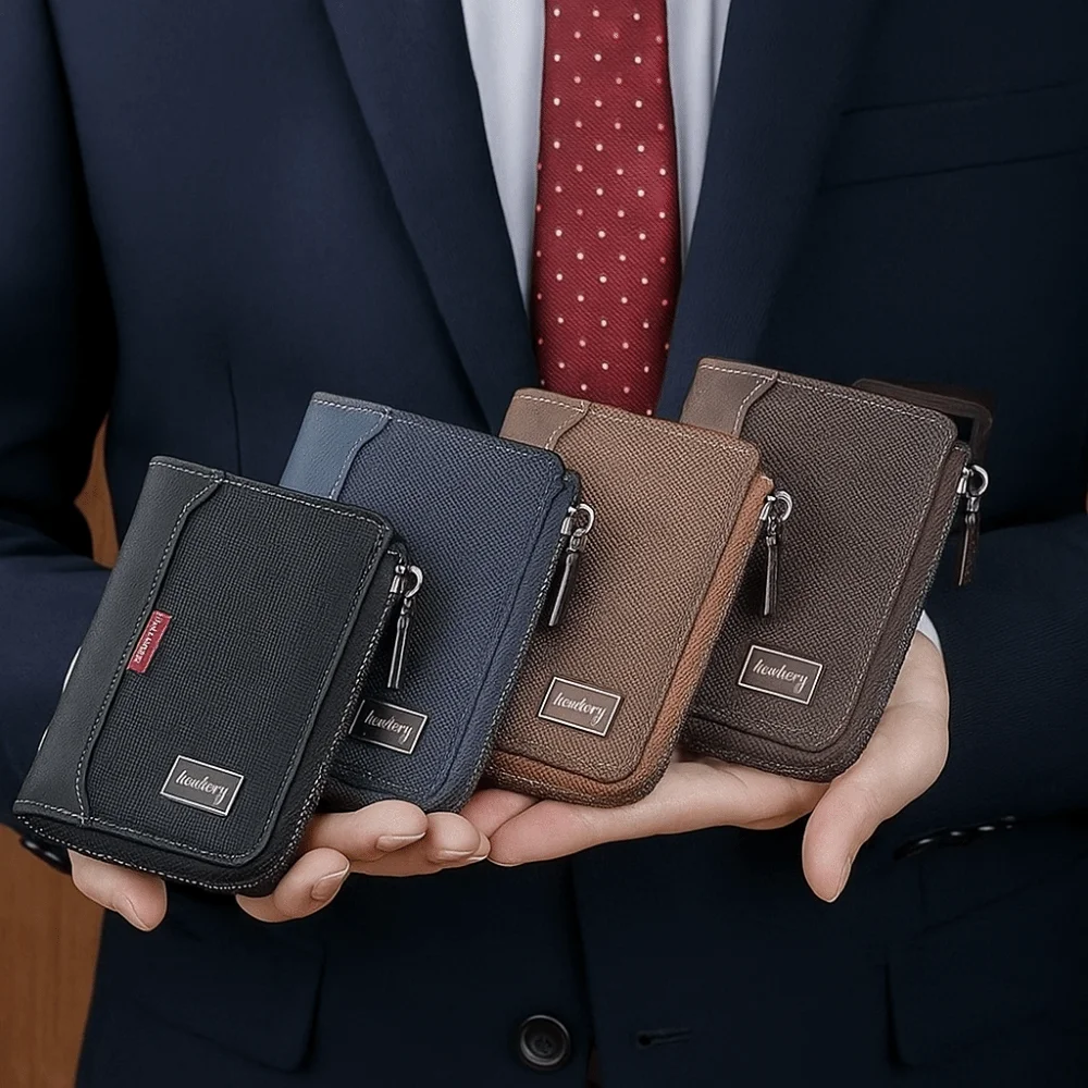 Moda couro do plutônio carteira masculina grande capacidade fecho de zíper saco de cartão curto multi-funcional quadrado titular do cartão de crédito masculino