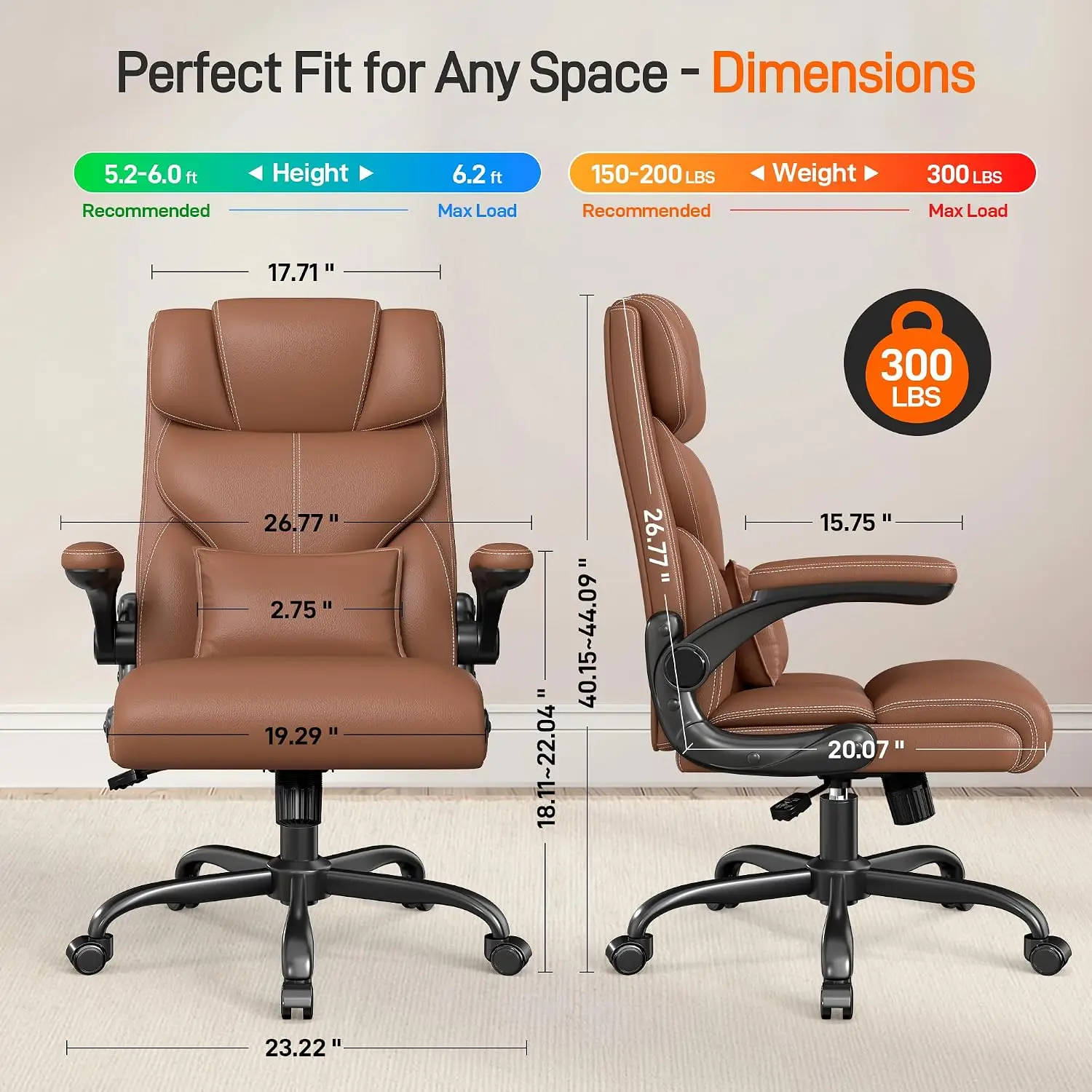 Mid Back Office Chair Flip Up Armrests 300 Lbs Ergonomic Leather Swivel Pc Chair Rock Function Working Studying Brown