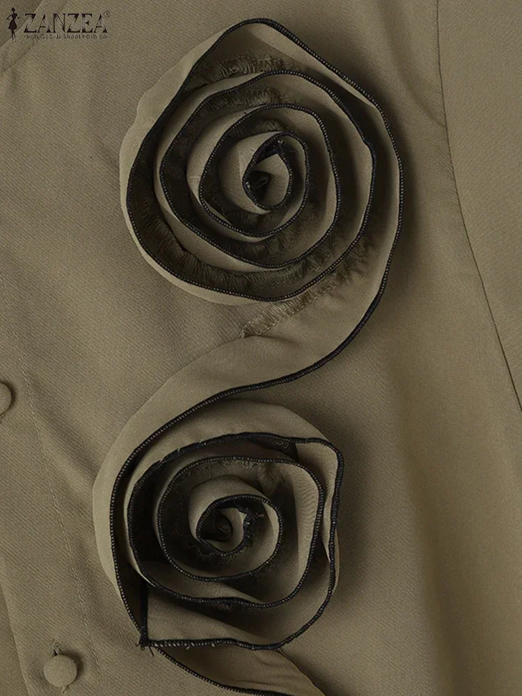 ZANZEA 2025 بلوزات الصيف النساء ثلاثية الأبعاد الزهور قمصان قصيرة الأكمام Blusas شيك الجولة الرقبة قمصان عادية فضفاض Colorblock القمم