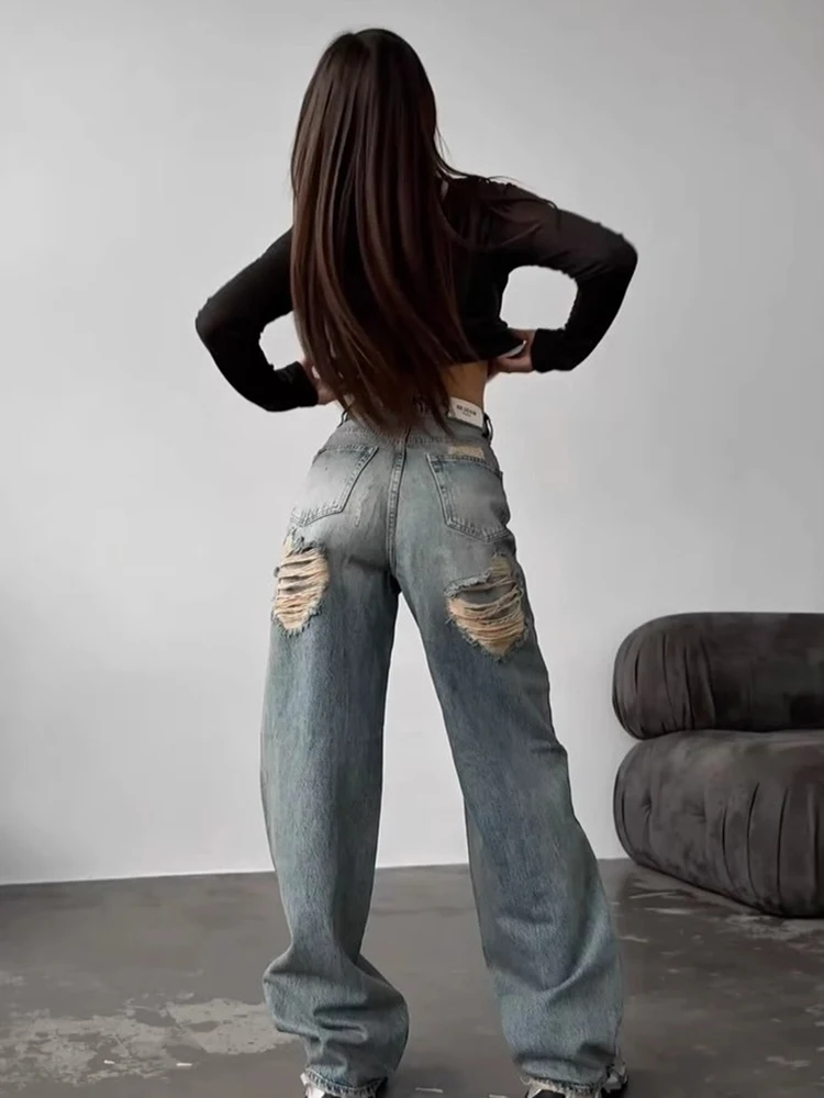 

Retro Hot Girl Style High Waist Straight Jeans Spring and Summer Woman's Trend Back Tattered Design Travel Casual Wide Leg Jeans