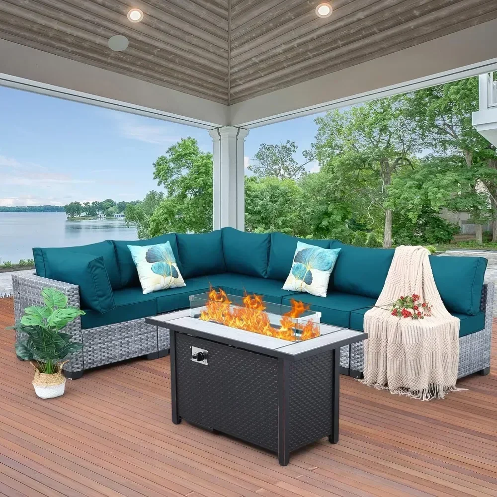 /Outdoor Furniture 7 Piec Set, PE Rattan Outdoor Sectional Conversation Sofa Set with Fire Pit Table, NonSlip Cushions