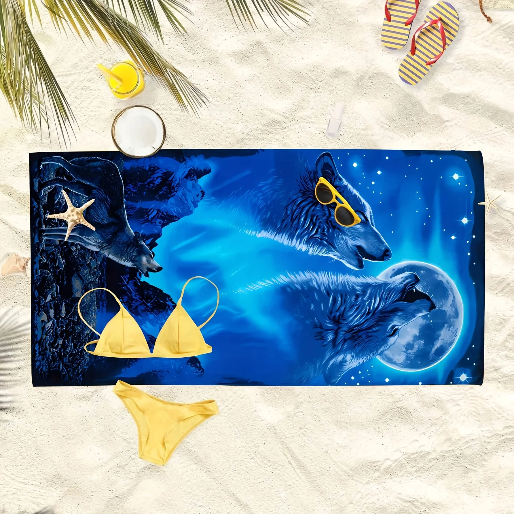 Oversized Quick Dry Microfiber Beach Towel with Wolf Pattern - Super Absorbent and Lightweight