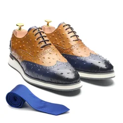 Luxury Handmade Cow Genuine Leather Men's Oxford Sneakers Lace-up Wingtip Brogue Ostrich Pattern Brown Blue Casual Footwear Male