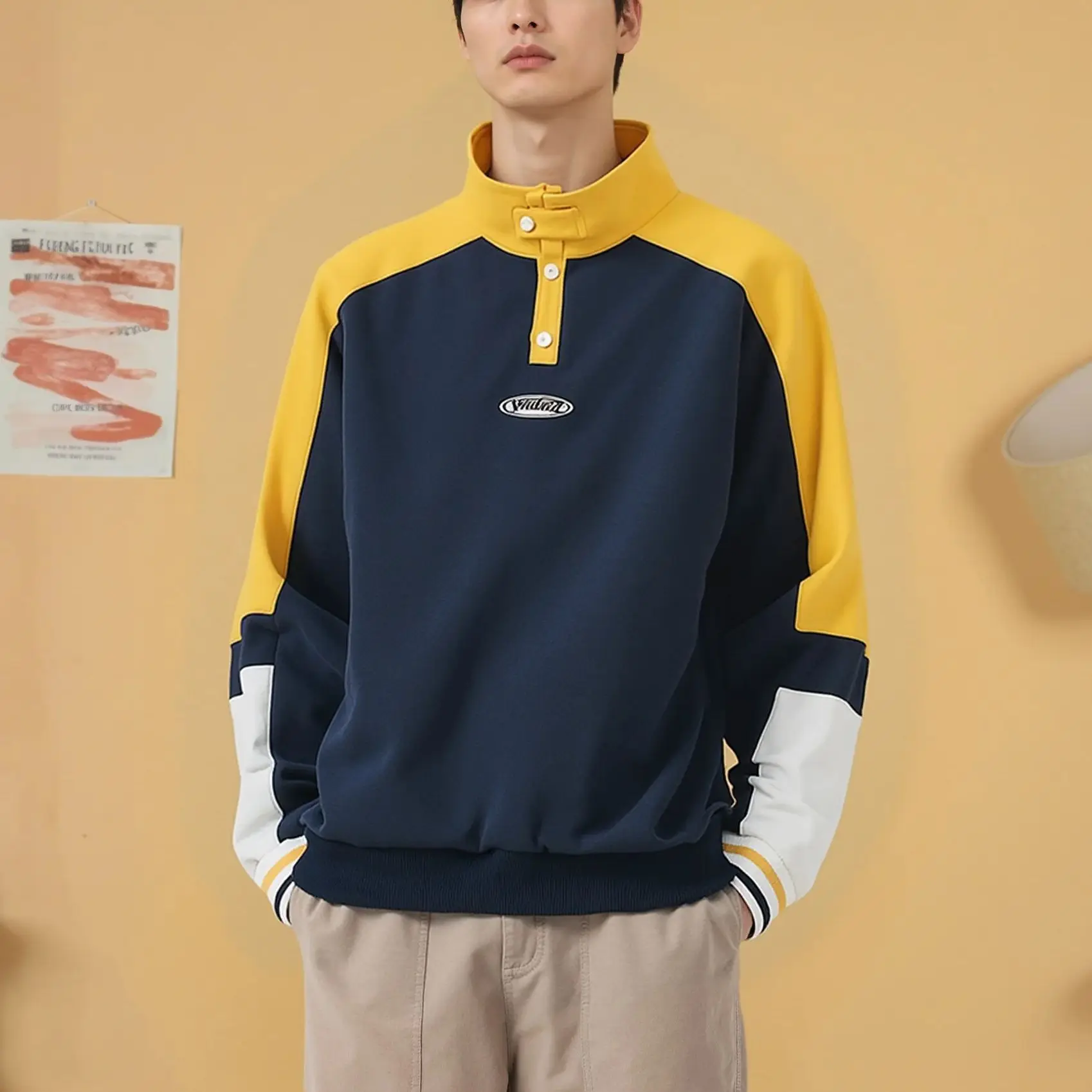 2025 Veidoorn New Mens Turtle Neck Sweatshirt Long Sleeve Button Front Placket Fashion Casual Fall Winter Clothes