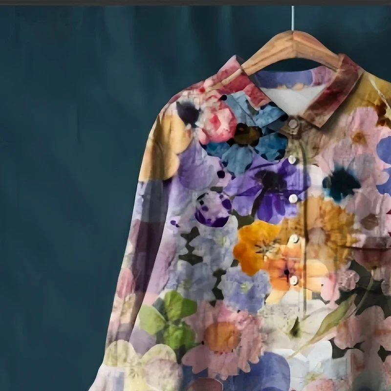 Nouveau printemps automne rétro col rabattu décontracté à manches longues chemise pour les femmes pull imprimé ample grande taille Bouse haut A345