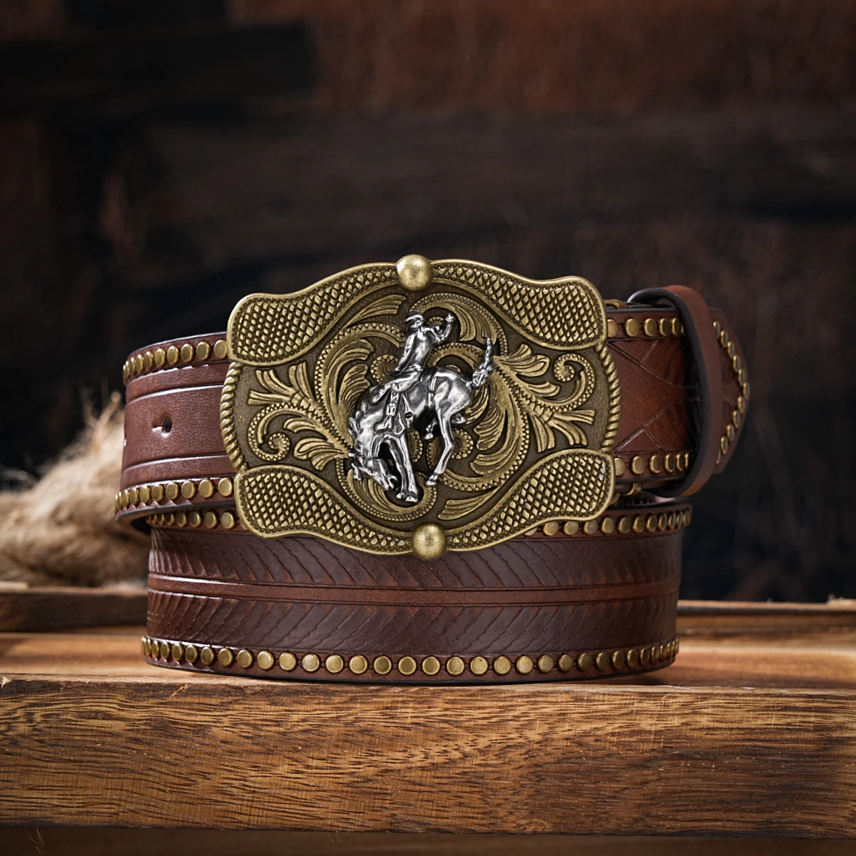 

Men & Women-Western-Cowboy-PU Leather-Belts - Vintage horse Belt Floral Engraved Buckle Belt for Jeans