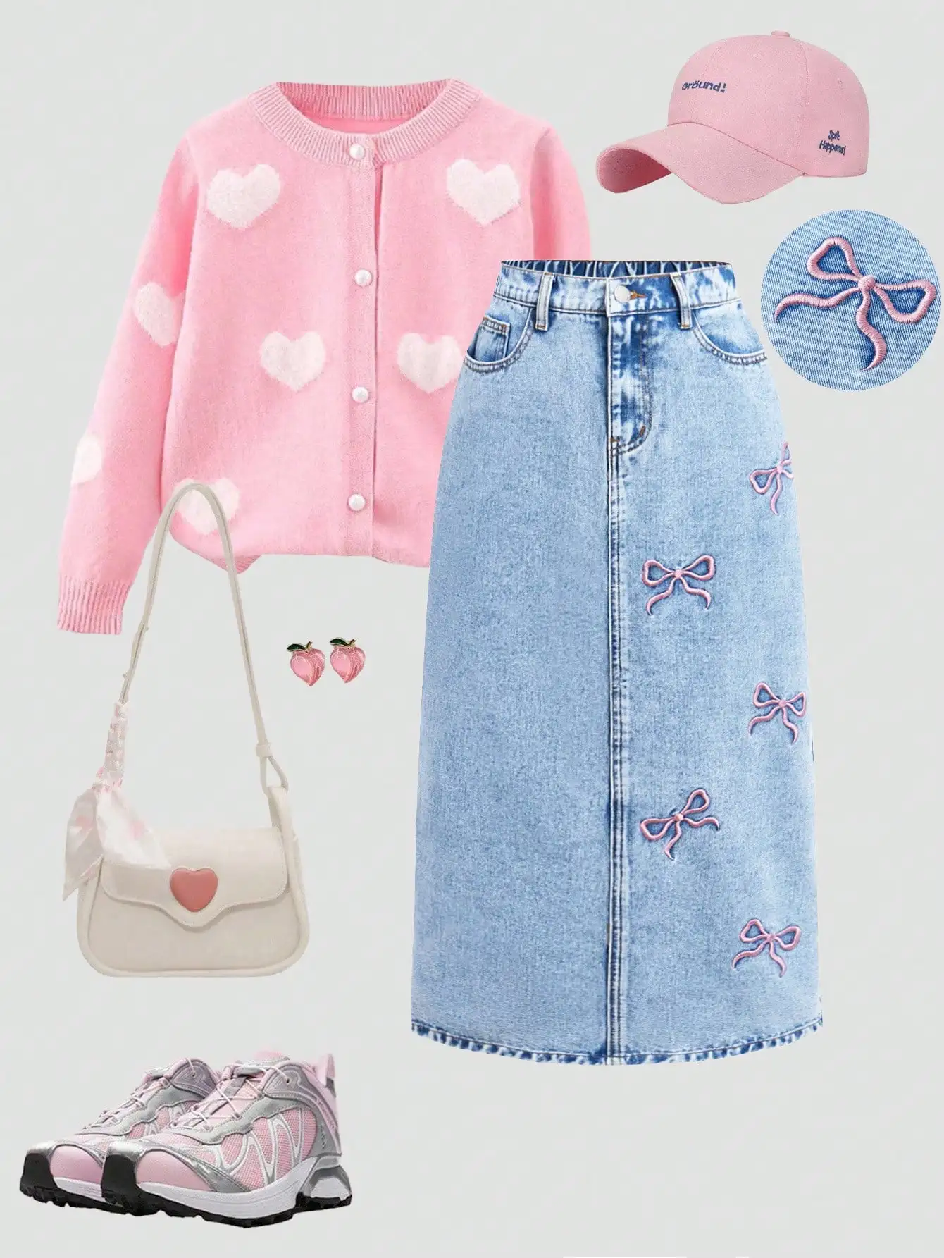 

Джинсовая юбка миди светлого оттенка с вышивкой в виде розового банта, повседневная юбка с высокой талией для девочек