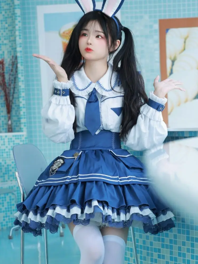 SOIOMES【en stock】 COS de Miss Tuji, uniforme de Lolita dulce y lindo, vestido con banda trasera, conjunto de camisa Lolita de estilo militar para mujer, 2 piezas