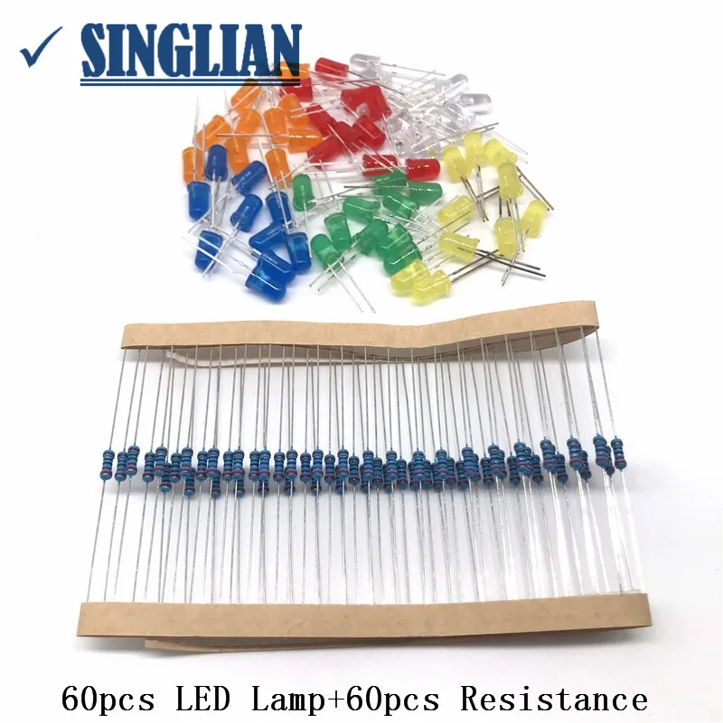 6 Colors Red Green Yellow White Blue Orange 5MM LED Light-emitting Diode Kit Package Include 60pcs LED Lamp+60pcs Resistance
