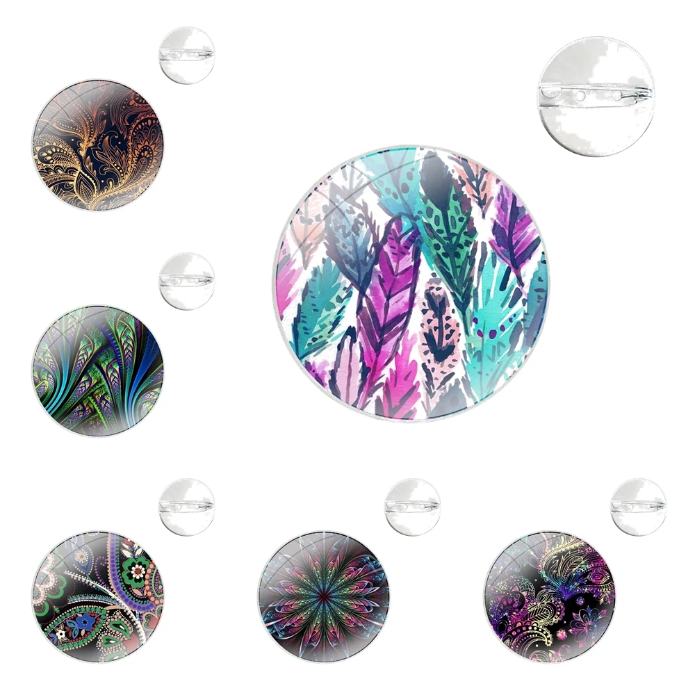 Glass Dome Brooches Badge Pins For Clothes Hat Shirt Lapel Bag Mandela flower art Feather