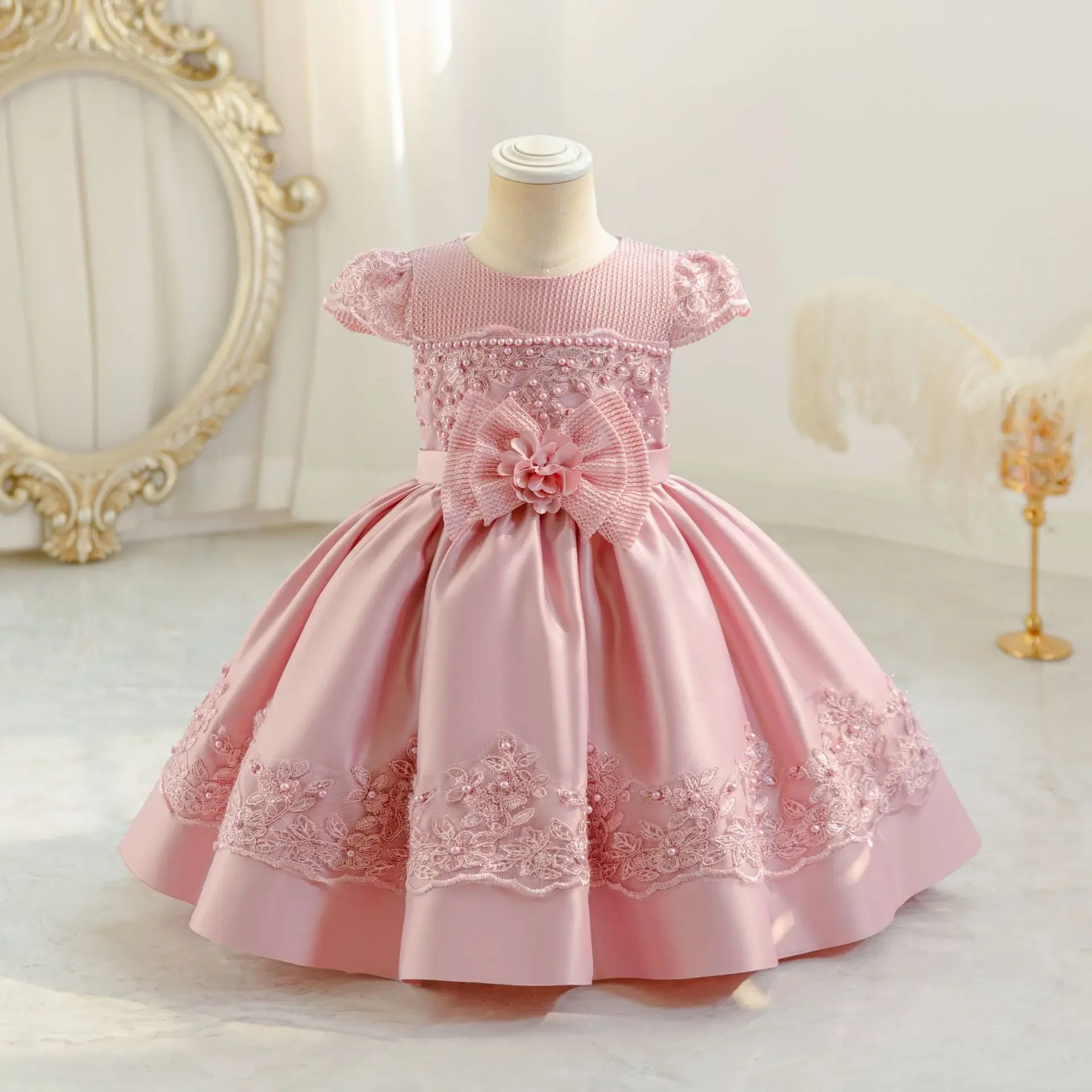 

Kid Wedding Junior Communion Party Pageant Beading Bowknot Puff Sleeve Satin Casual Dresses 1-4 Years Flower Girl Dress