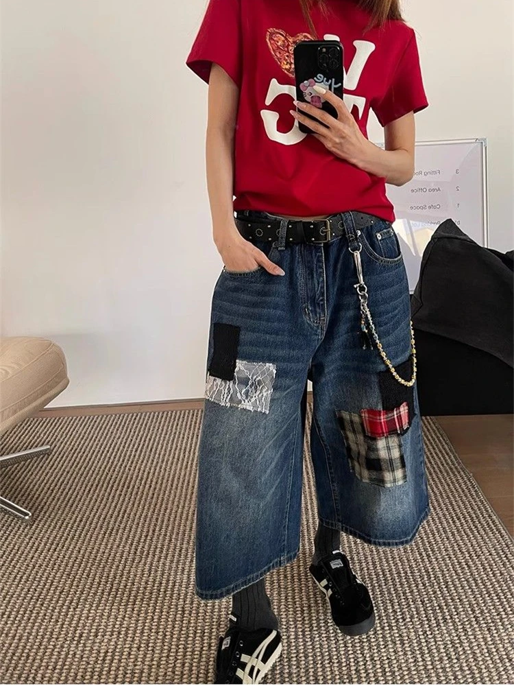 

Women's Splicing Sticker Design Denim Shorts Cool Girl Wide-leg Calf-length Pant Female Capris Straight Trousers Cropped Jeans