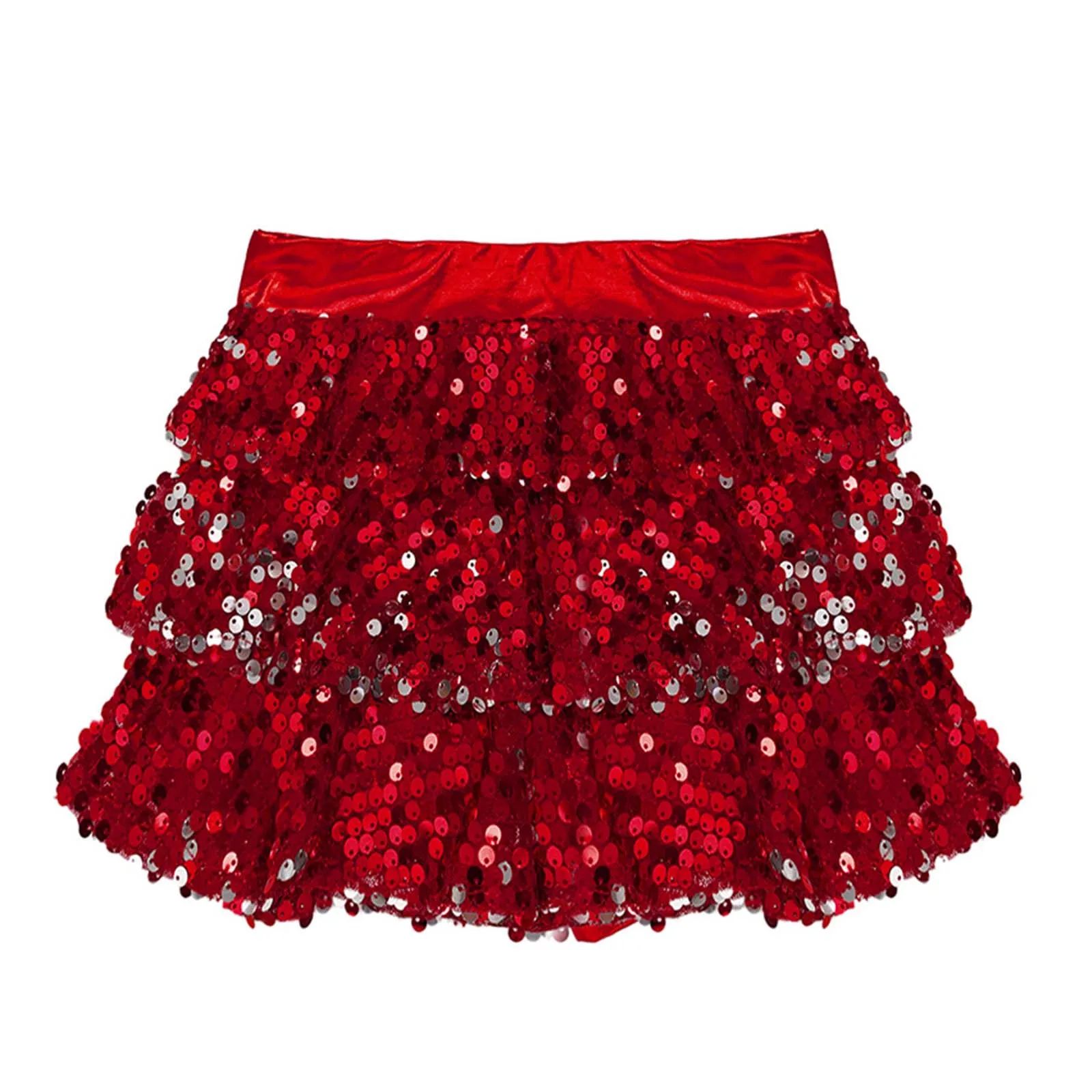 Kids Girls Glitter Sequins Tiered Ruffle Skirt Shorts Metallic Bottoms for Latin Jazz Dancing Stage Performance Figure Skating