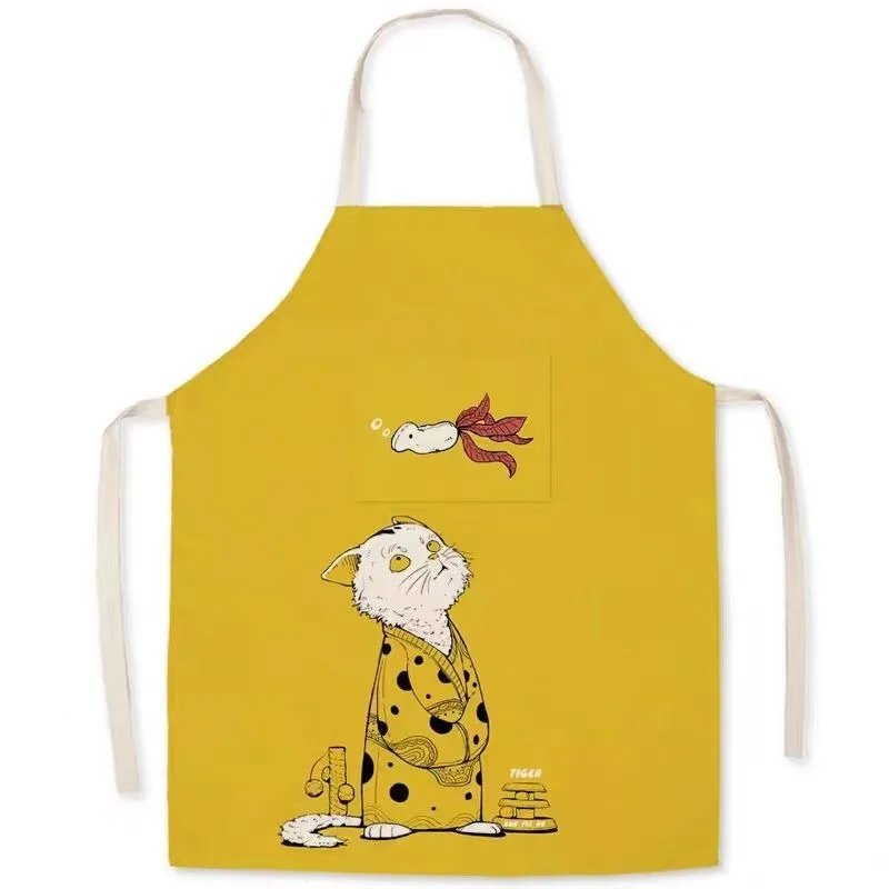 Cute dog and cat pattern apron kitchen cooking baking linen bib housework cleaning anti-oil stain sleeveless apron 68x55cm