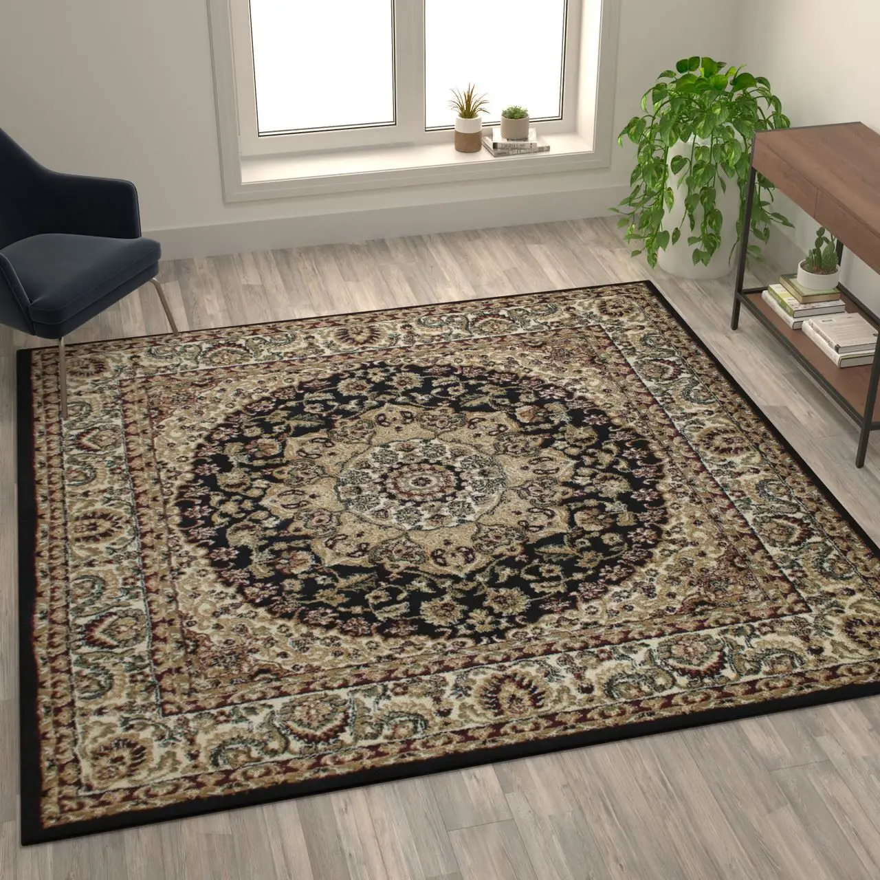 

Carpets for Living Room Persian Style 7x7 Black Square Area Rug-Olefin Rug with Jute Backing Home Bedroom Decor