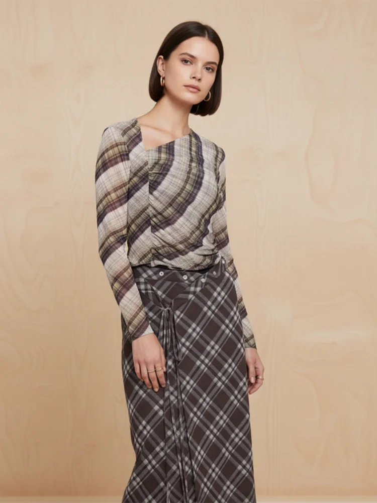 Lady Plaid Two-piece Set Casual Asymmetric Long-sleeve Top Tied-waist Midi Skirt Sets 2026 Spring Trendy Mixed-pattern Outfits