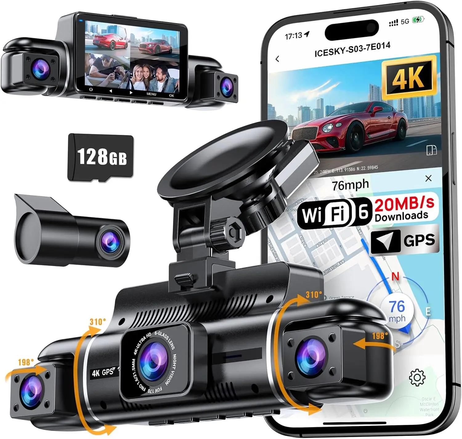 Dash Cam Front Rear Left Right GPS WiFi6 20MB/s 128GB SD Card G Sensor Parking Mode 8 IR Lights 4K 1080P 360 4 Channel