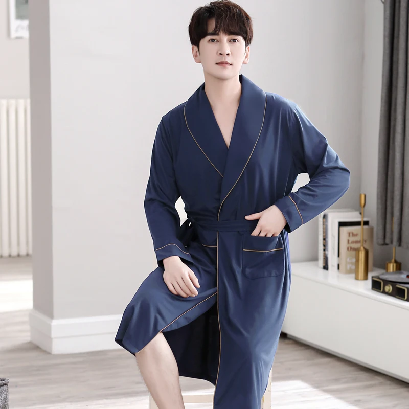 Mens Simple Long Robes Spring Autumn Long Sleeve Bathrobes Man Soft Modal Dressing Gown Breathable Kimono Bath Robe With Belt