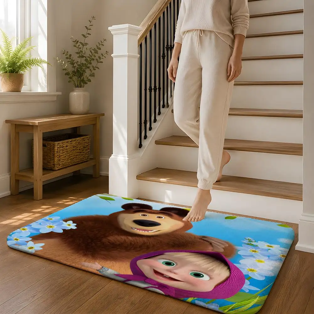 M-Masha And The B-Bear Floor Mat Flannel Rug Non Slip Absorbent Soft Washable For Entryway Hallway Bathroom Kitchen Decor