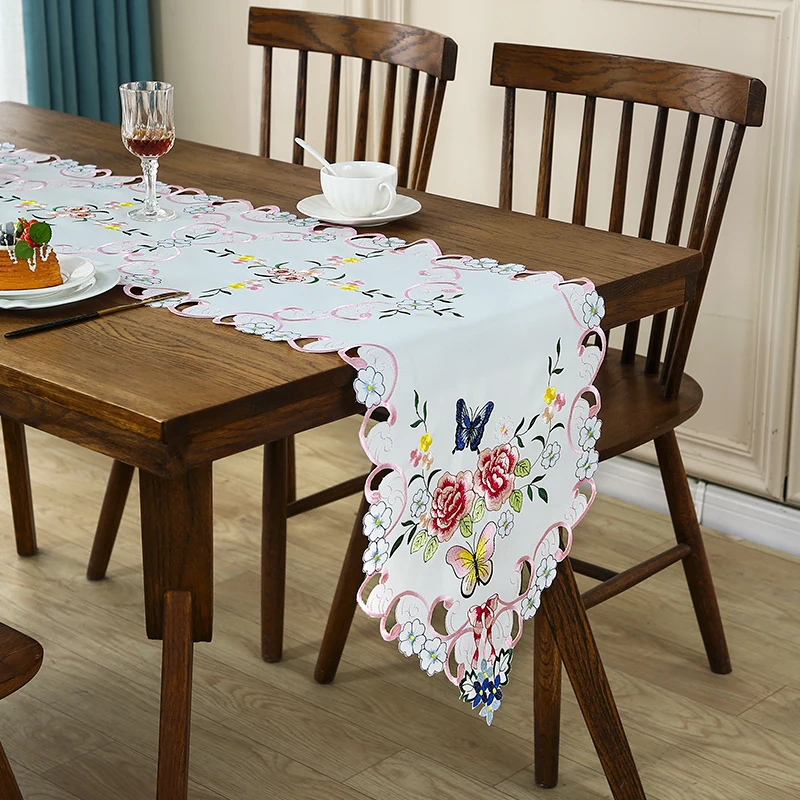 A Handmade Cut Out Embroidered Small Butterfly Flower Table Runner, Modern Style Polyester Fiber Embroidered Cut Out Table Runner, Suitable for Dining Table, Coffee Table, Tv Cabinet, Shoe Cabinet, Drawer Cabinet, Daily Home Festival and Wedding Party