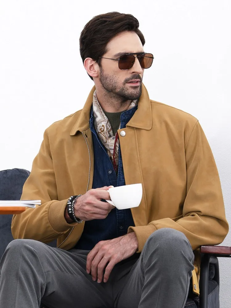 High Quality Mens Autumn Faux Suede Leather Jacket Business Casual Work Coat Vintage Loose Fit Cargo Jacket Streetwear Outwear