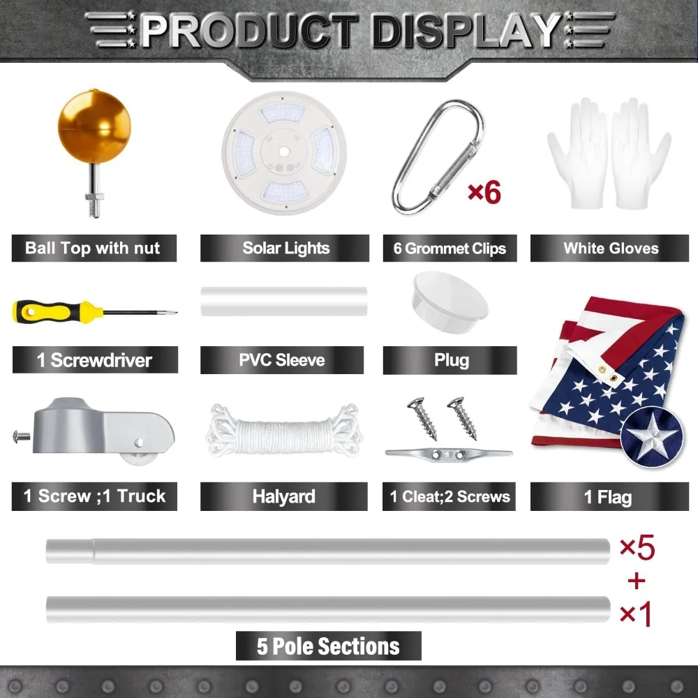 

25 FT Heavy Duty Flag Pole Kit with Solar Light, Aluminum In-Ground Pole, 128 LEDs, American Flag