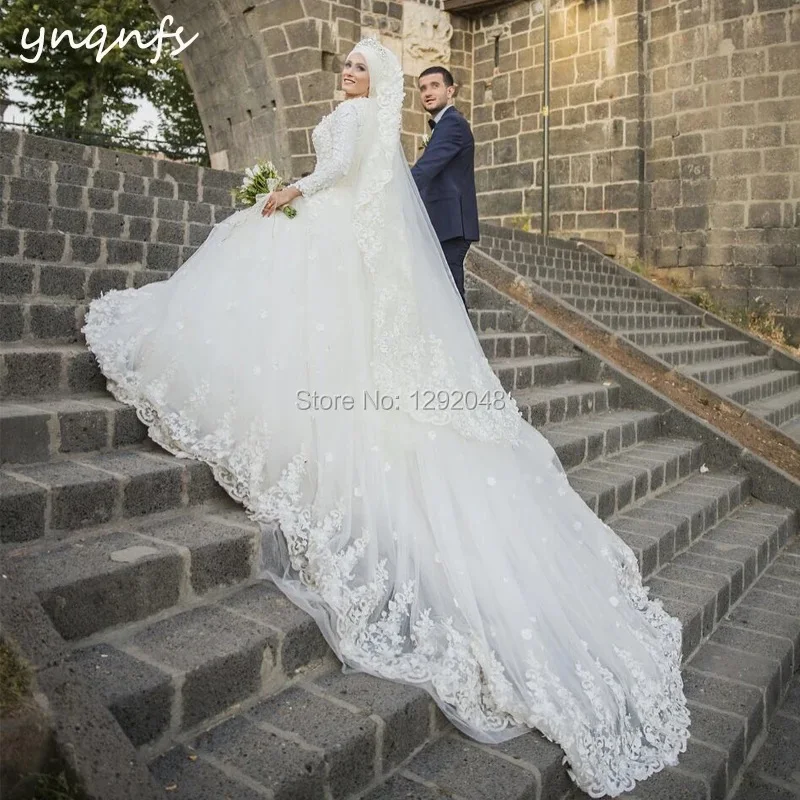 YNQNFS  Robe de Mariee Princesse de Luxe Dubai 1m LongTail Long Sleeve 2025 Muslim Wedding Dress Ball Gown Bridesmaid MW27