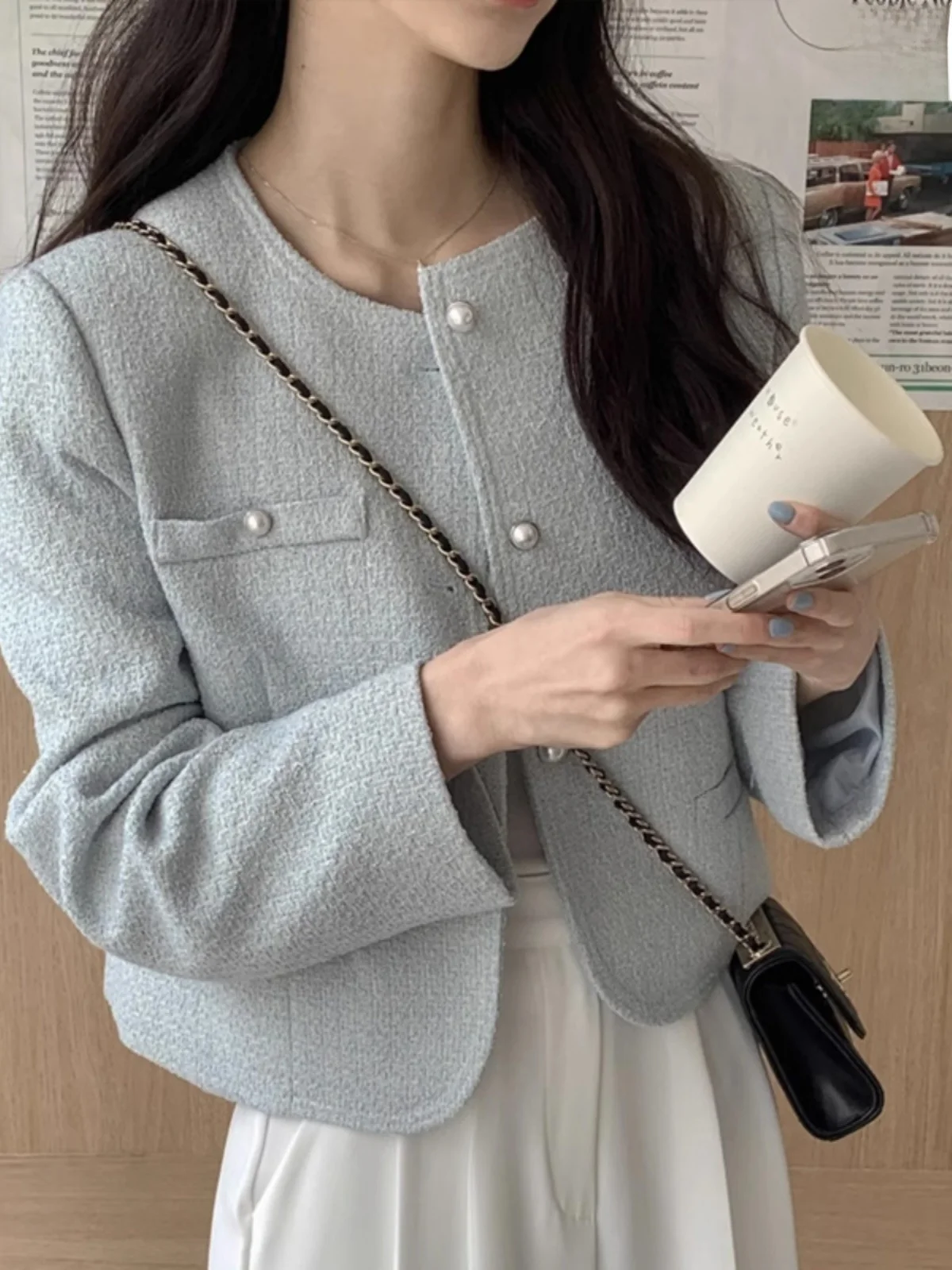 Chic Graceful Temperament Rove Outerwear Women Thin Autumn round Neck Breasted Puff sleeve Small Short Top