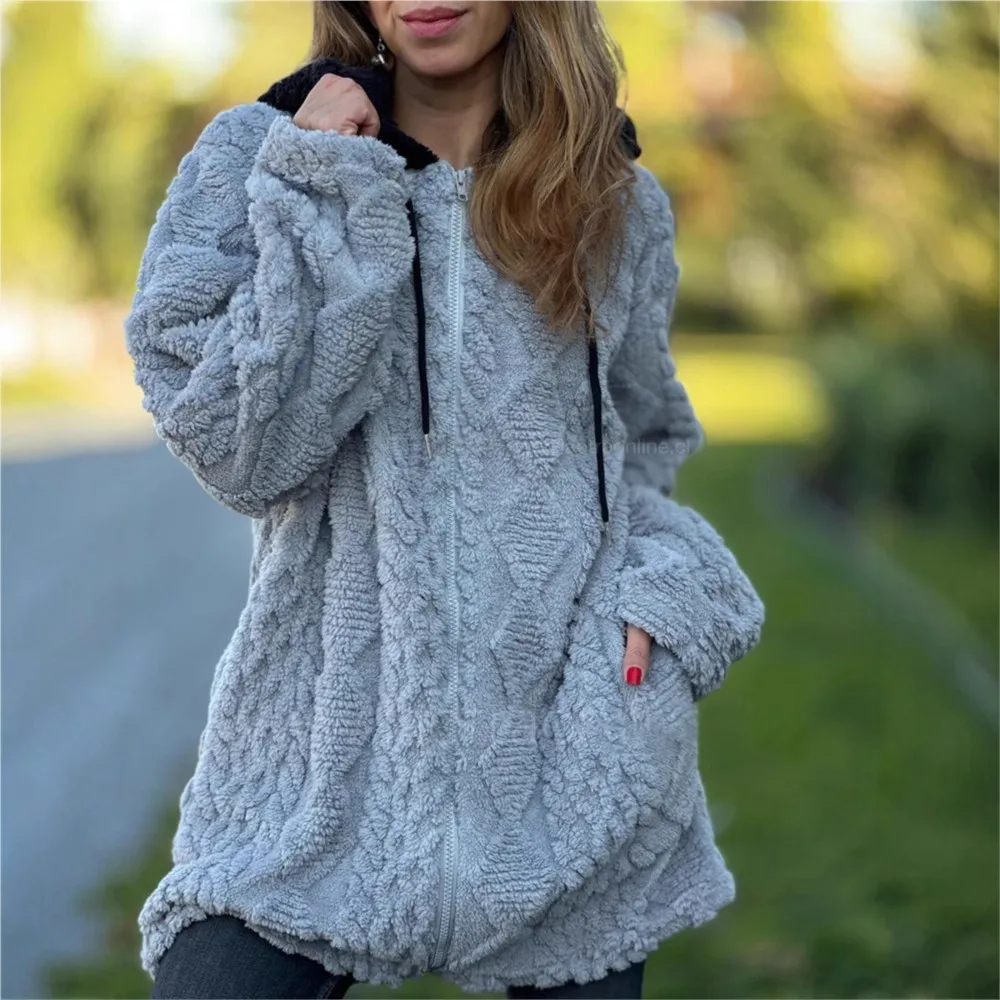 

Новая плюшевая толстовка с капюшоном для женщин, верхняя одежда, осень-зима, модные карманы, повседневная свободная теплая шуба на молнии с длинными рукавами, женское