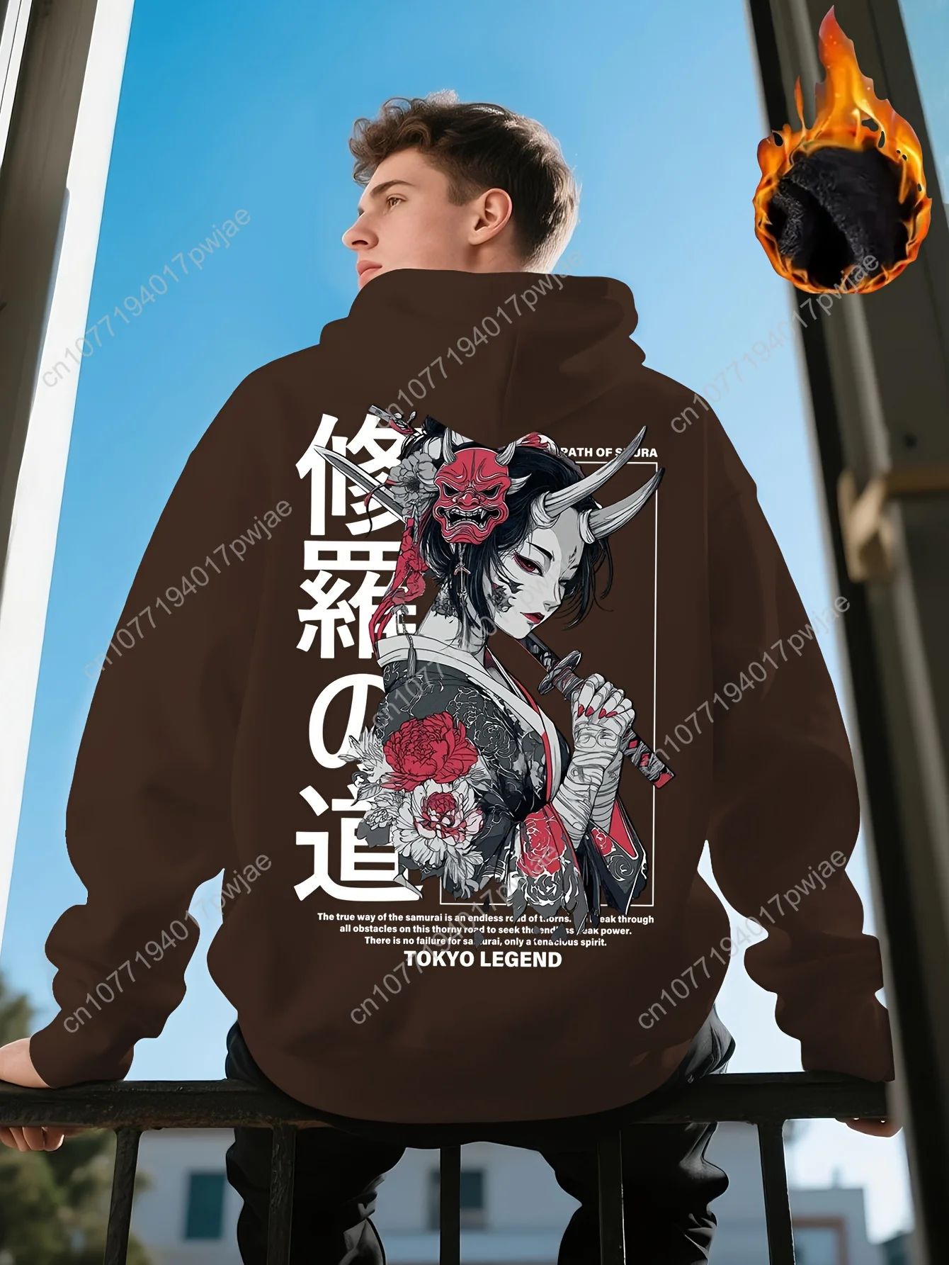 Sweat-shirt à capuche avec motif de guerrier samouraï pour hommes, style streetwear Y2K avec fleurs de cerisier et imprimé Katana, ample
