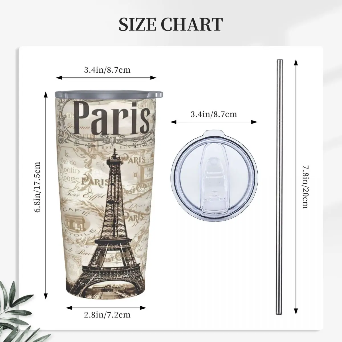 Paris E-Eiffel Towers Stainless Steel Tumbler Vintage Thermal Cups With Straws and Lid 20oz Car Mugs Cold and Hot Water Bottle