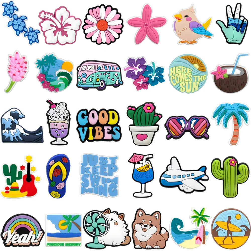 1-30PCS Cool Hawaiian Style Shoe Charms,Beach Waves Flower Pins for Shoes,Rainbow Ice Cream Animals Clog Buckle Accessories