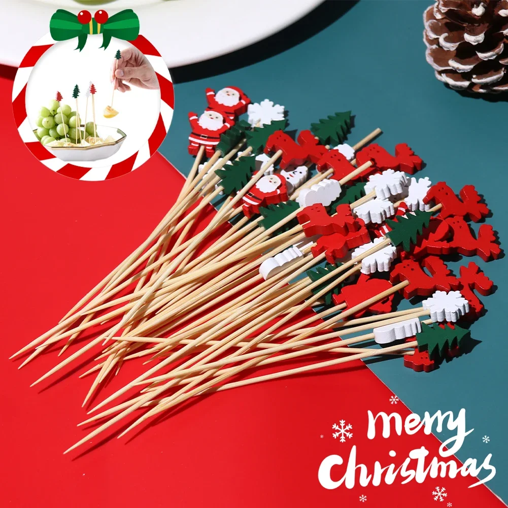 50pcs 12cm Christmas Disposable Bamboo Pick Fruit Sticks Buffet Cupcake Fruit Fork Party Dessert Salad Sticks Wedding Decoration