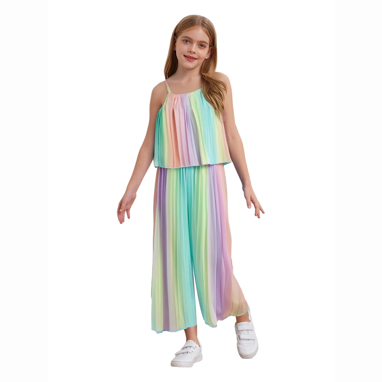 Kids Girls 2-Piece Cute Rainbow Outfits Spaghetti Straps Camisole Top with Wide Leg Pants Set Wedding Vacation Beach Costume