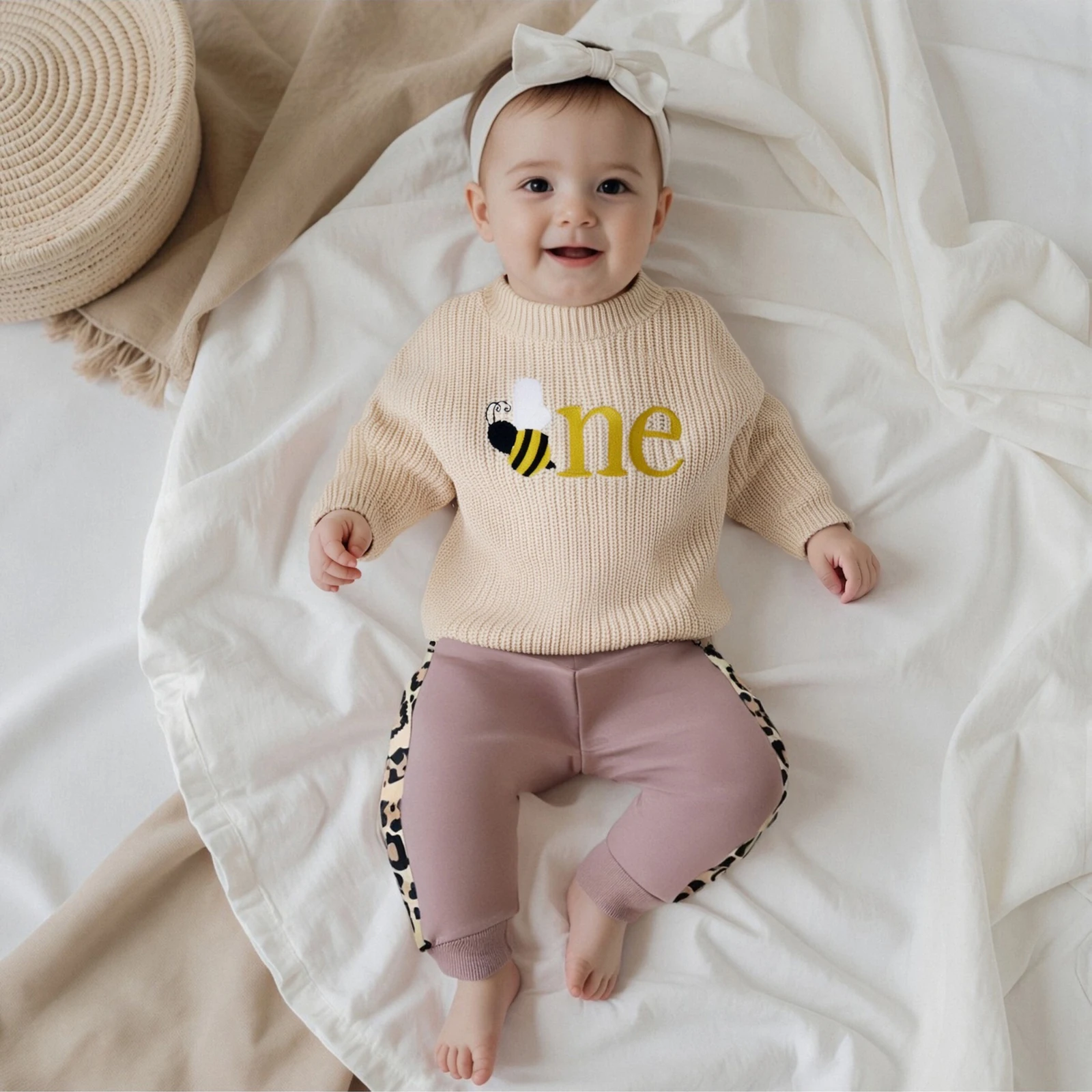 

Autumn Winter Baby Boys Girls First Birthday Sweater Letter Bee Embroidery Warm Knitted Long Sleeve Pullover Knitwear