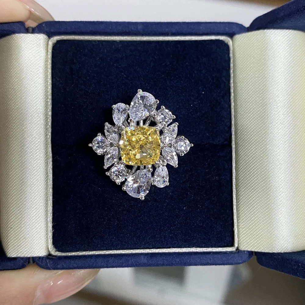 

S925 Sterling Silver Ring, Female Instagram Style, Popular on Xiaohongshu, Non Fading Ring, Yellow Diamond, Redion Cut Flower