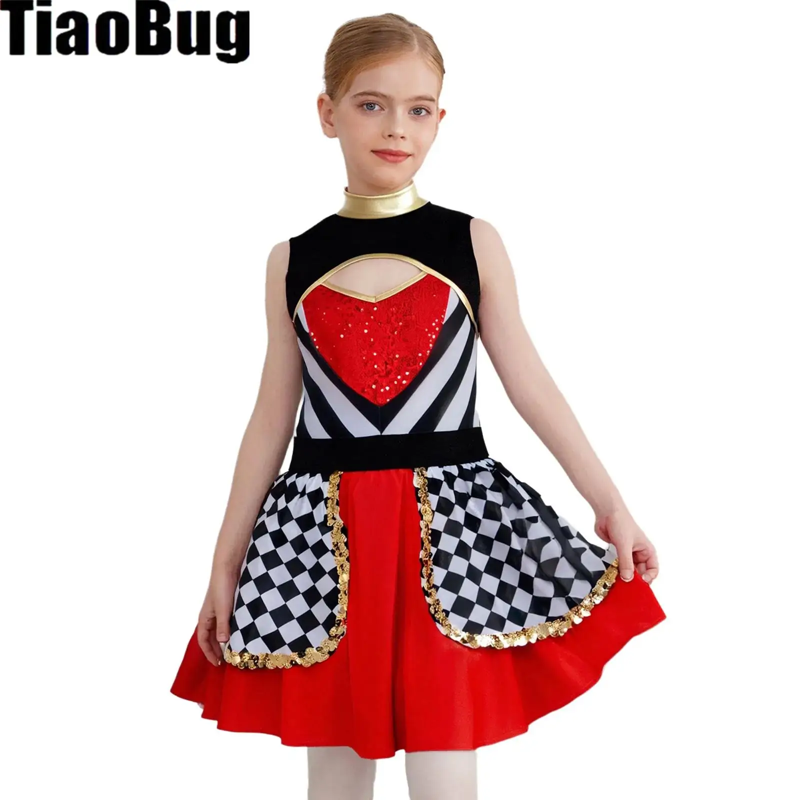 

Girls Wonderland Cosplay Heart Queen Dress Sleeveless Puffy Sequin Leotard Tutu Dress for Halloween Circus Ringmaster Costume