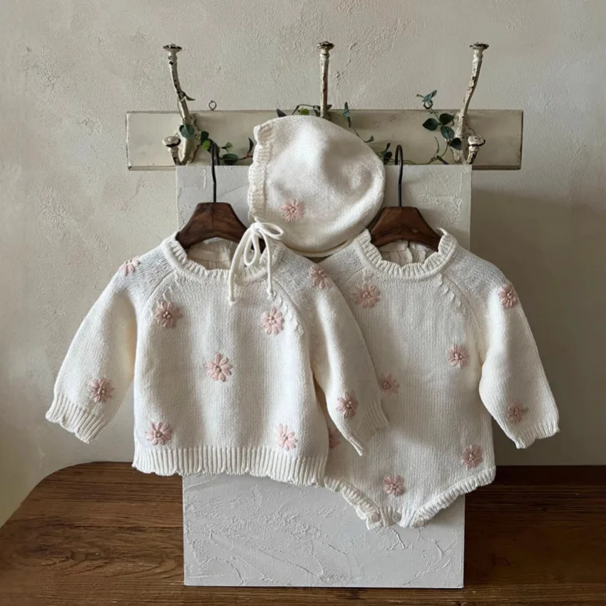 

Новинка осени 202, вязаный свитер с цветочной вышивкой для маленьких девочек, вязаные топы с длинными рукавами для младенцев, зимняя теплая одежда для маленьких девочек