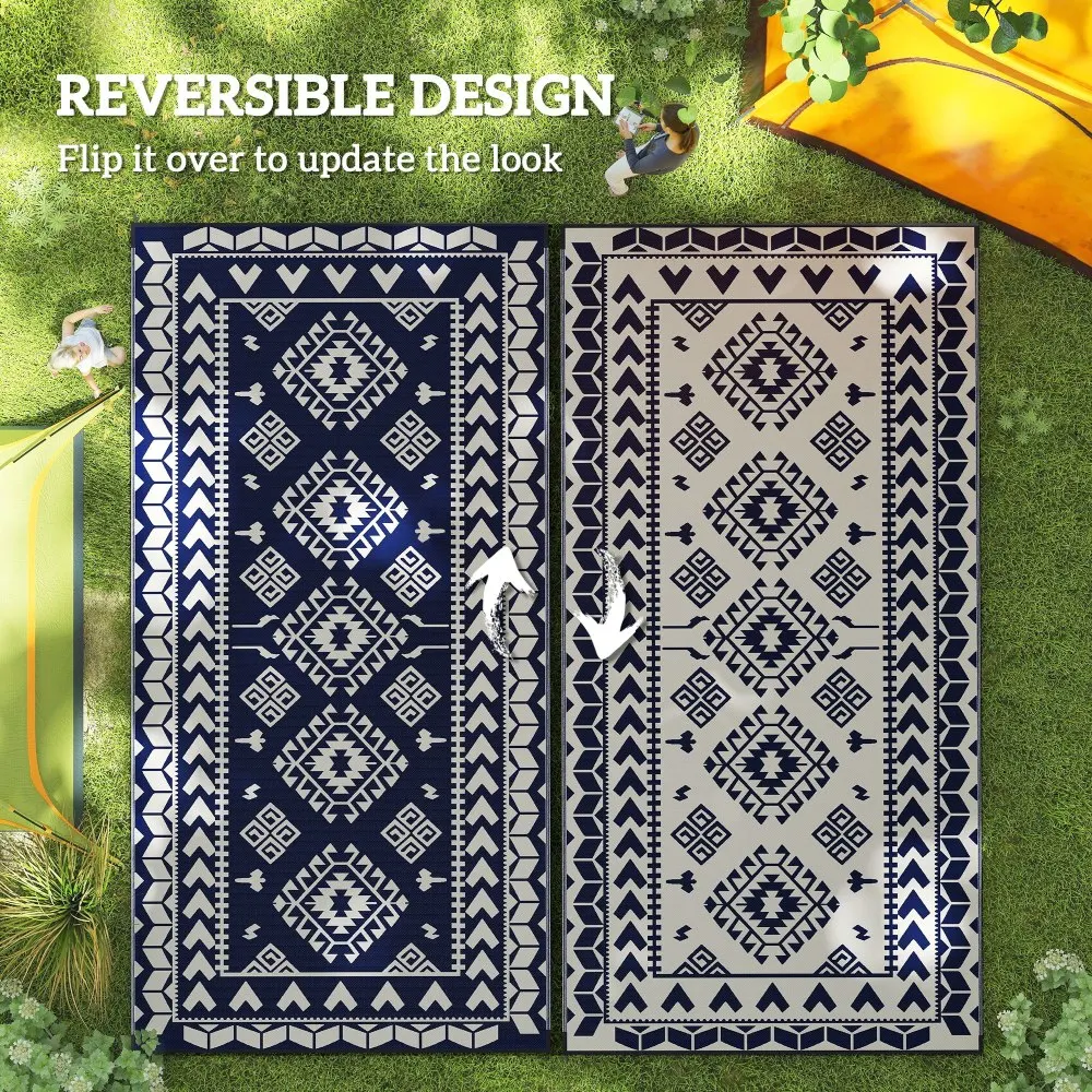 Reversible Outdoor Patio Rug 9' x 18', 100% Polypropylene Waterproof Fade‑Resistant RV Camping Mat with Corner Loop Straps & Storage Bag for Garden Beach Balcony