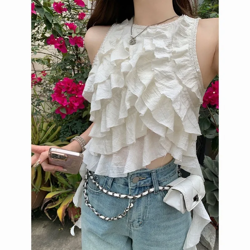 

Korean Temperament Ruffled Edge Patchwork Cake Vest Top Women Irregular Sleeveless Solid Spicy Girl Sweet Slim Summer Chic Wear