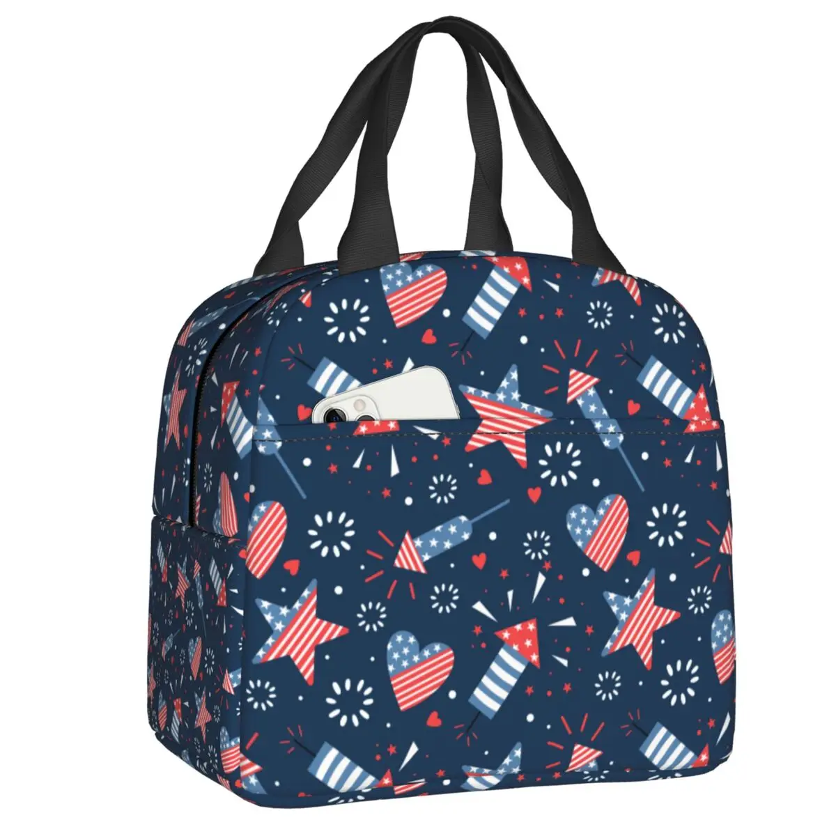 Custom Bright Seamless Pattern 4th Of July Skull Insulated Lunch Bag for Women Portable Cooler Thermal Bento Box Office Picnic