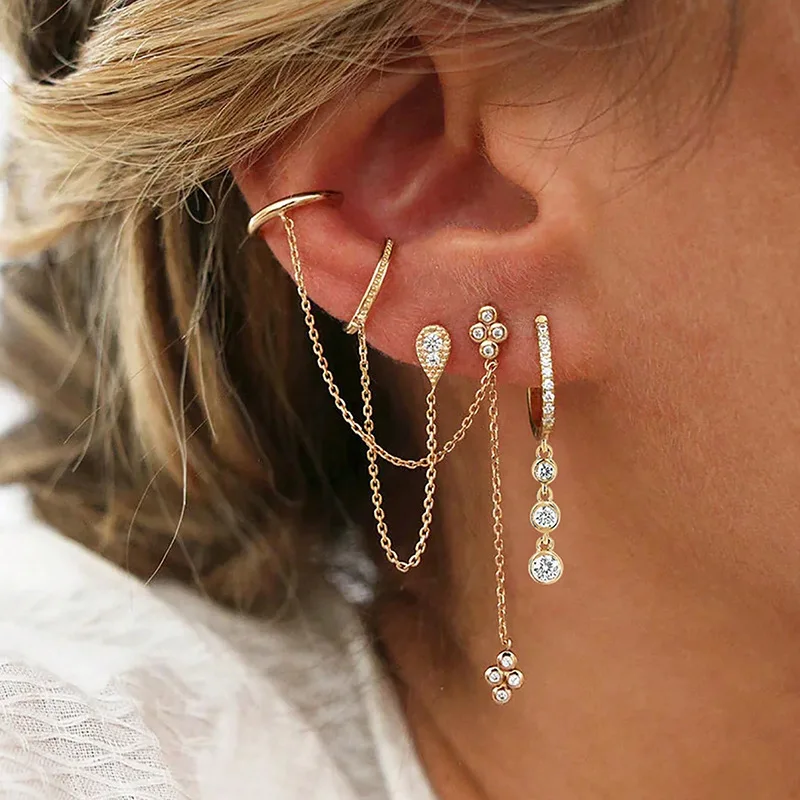 Boucles d'oreilles pendantes en acier inoxydable pour femmes, chaîne de couleur or, pendentif en zircone, Clip, accessoires bijoux de fête de vacances