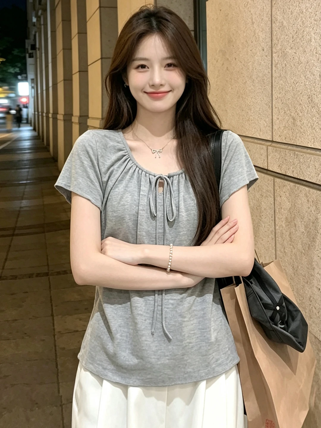 Korean Style Casual Lazy Short Sleeve T-Shirt Women's 2026 New round Neck Tie Gentle Atmosphere Simple Match Upper Body