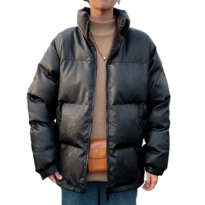 YASUGUOJI Fashion PU Leather Cotton Padded Jacket for Men Thickening Winter Jacket Men Warm Puffer Jacket Invierno Hombre