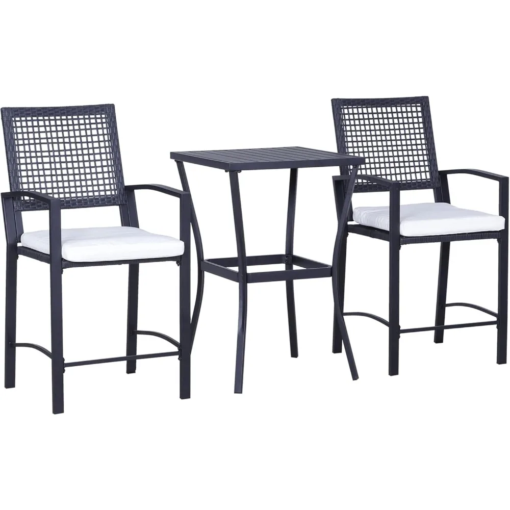 

3pcs Patio Bar Set with Soft Cushion, Rattan Wicker Outdoor Furniture Set for Backyards, Lawn, Deck, Poolside