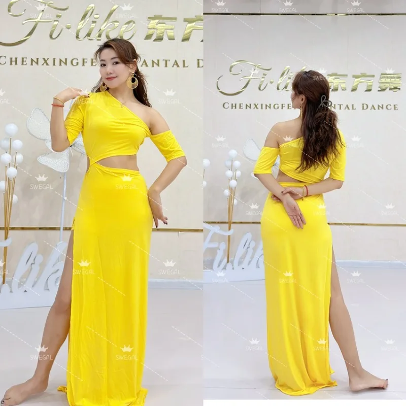 تخصيص Swegal فستان رقص البطن ممارسة رداء فستان رقص شرقي أصفر مشروط النسيج تنورة وسط caderines danza arabe