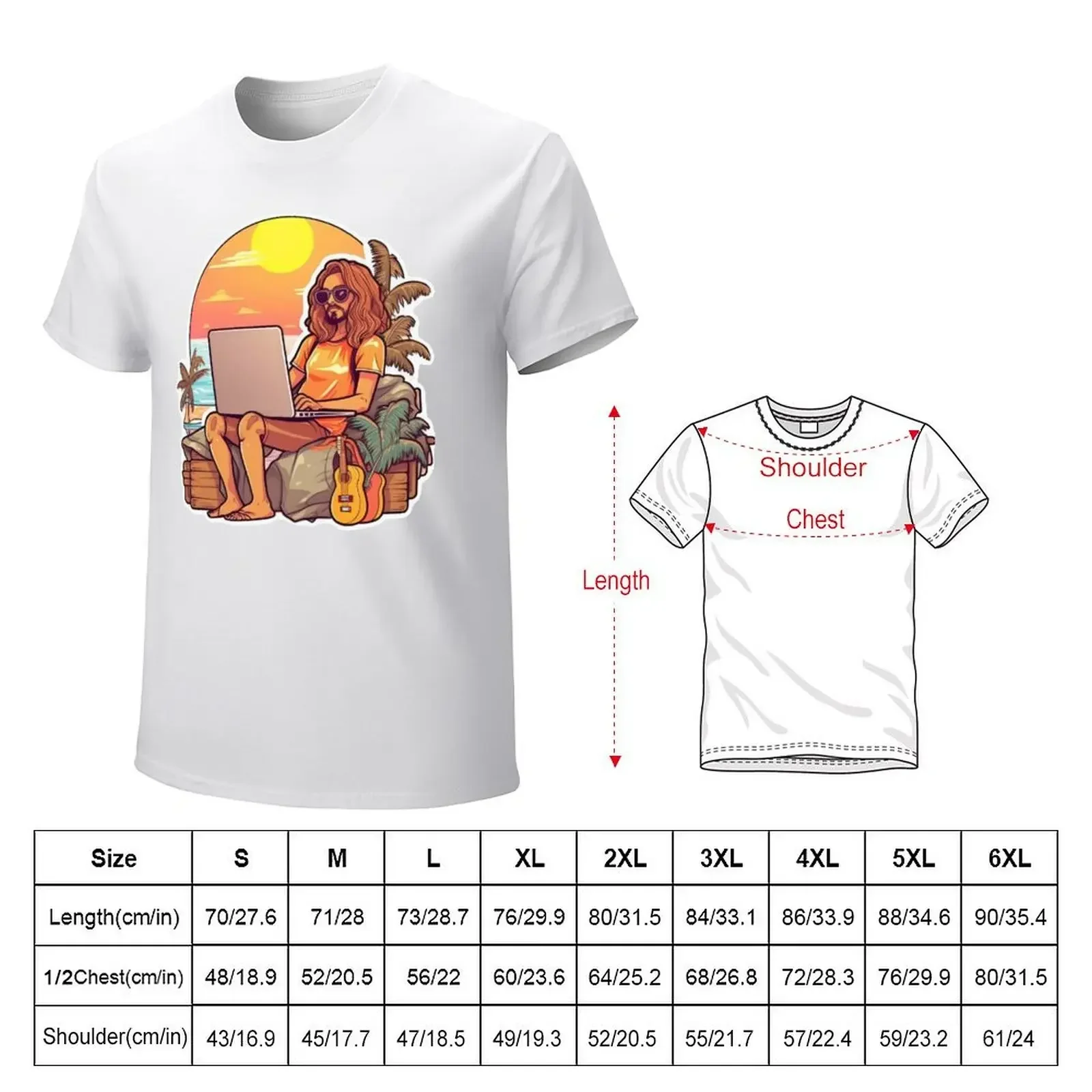 Digital nomad works on his laptop while relaxing on the beach T-shirt graphics Blouse summer tops t shirts for men pack